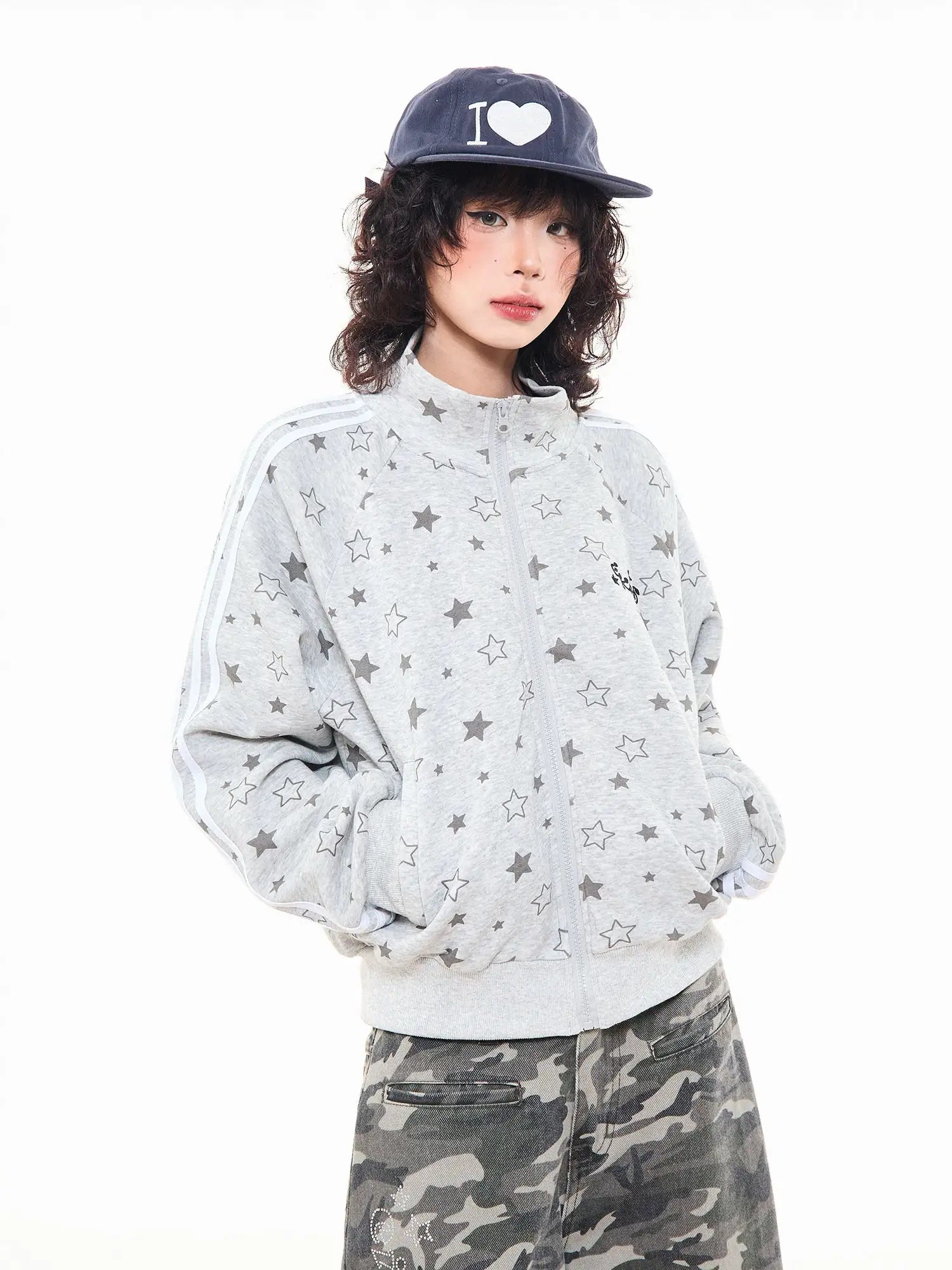 Star Print Oversized Stand Collar Zip Hoodie Cardigan OL2323