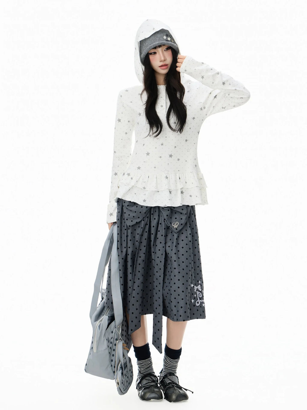 Polka Dot Star 러플 후드 긴팔 티셔츠 OL2406