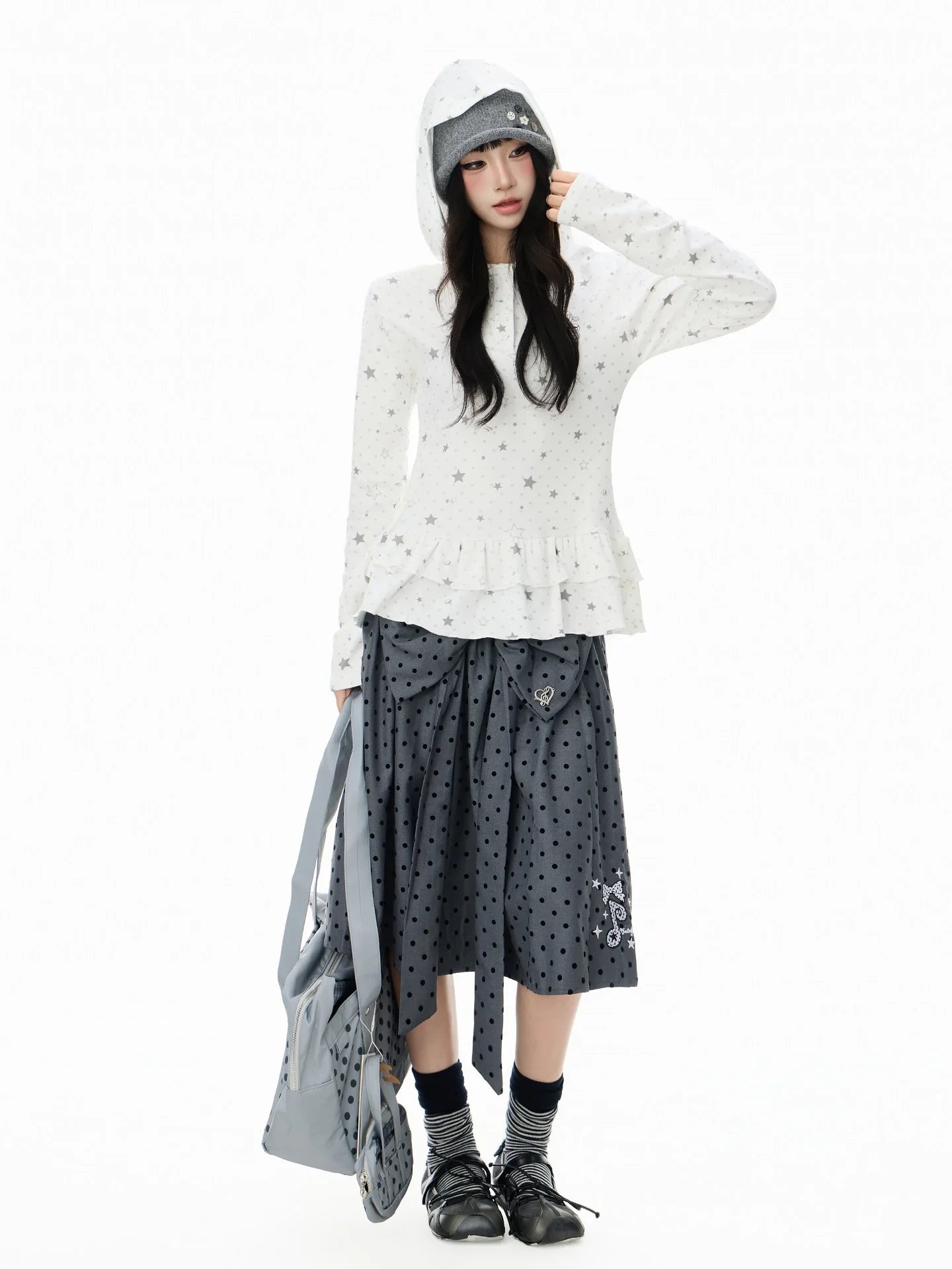 Polka Dot Star 러플 후드 긴팔 티셔츠 OL2406