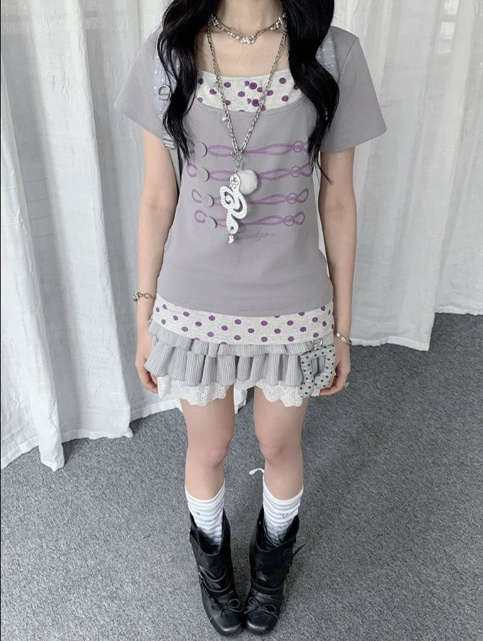 Polka Dot Faux Layered Button Tee Y2K OL2330