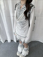 Layered Stripe Cowl Neck Long Sleeve Tee OL2385