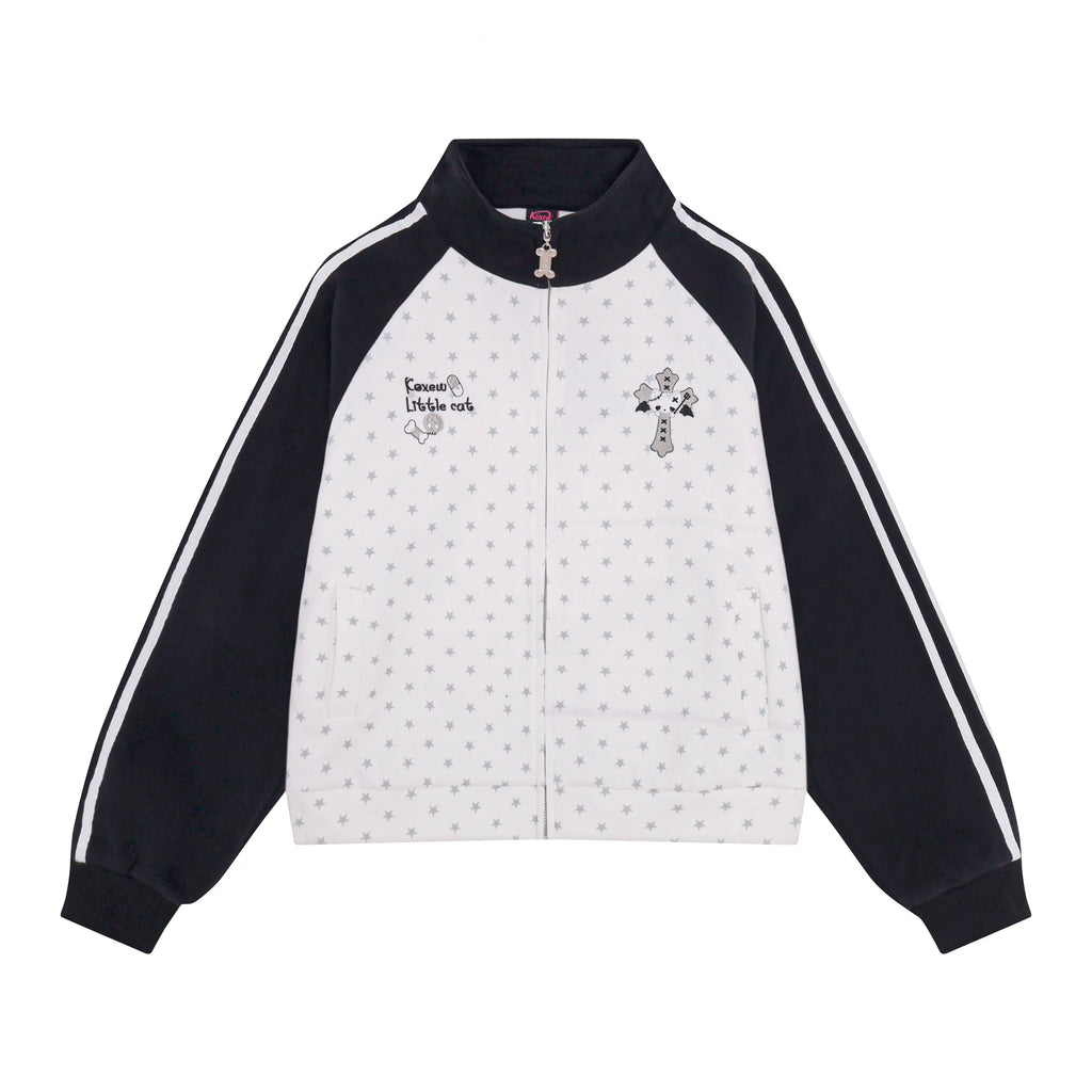Star Embroidered Stripe Zip Up Sweatshirt OL2378