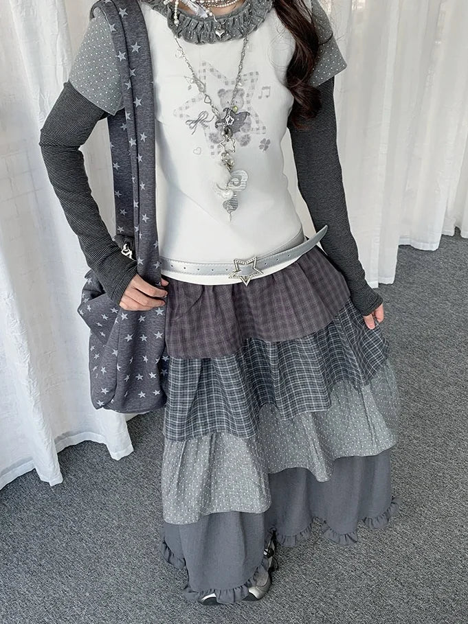 Polka Dot Plaid Tiered Maxi Skirt OL2438