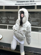 Star Embossed Detachable Fur Collar Puffer OL2445