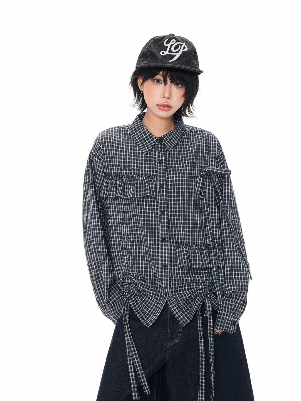 Textured Plaid Drawstring Shirt oliviroa オリヴィオラ