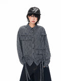 Textured Plaid Drawstring Shirt oliviroa オリヴィオラ