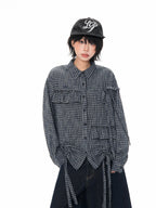Textured Plaid Drawstring Shirt oliviroa オリヴィオラ