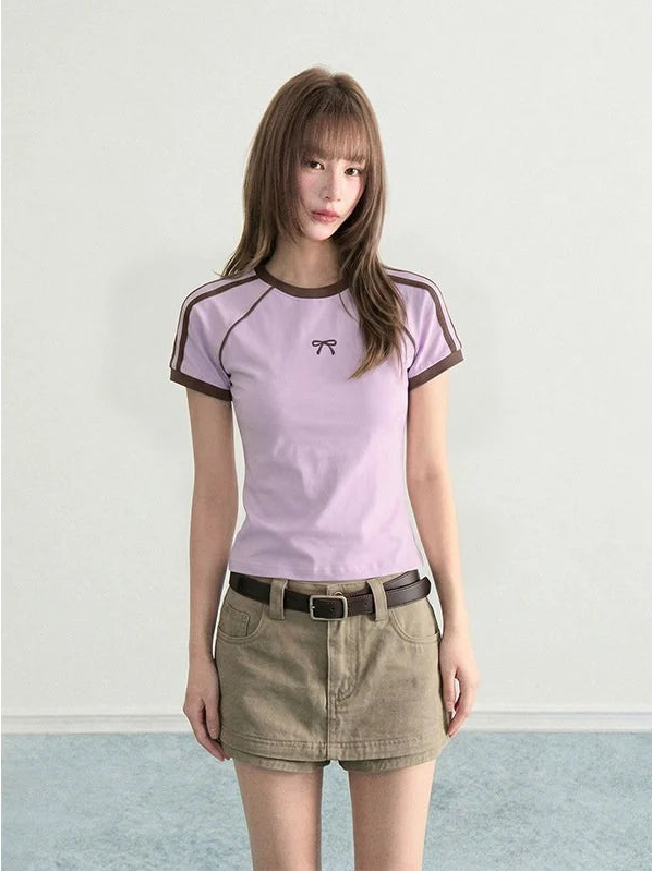 Blue Bow Stripe Raglan Cropped Fitted Sporty Tee OL2314