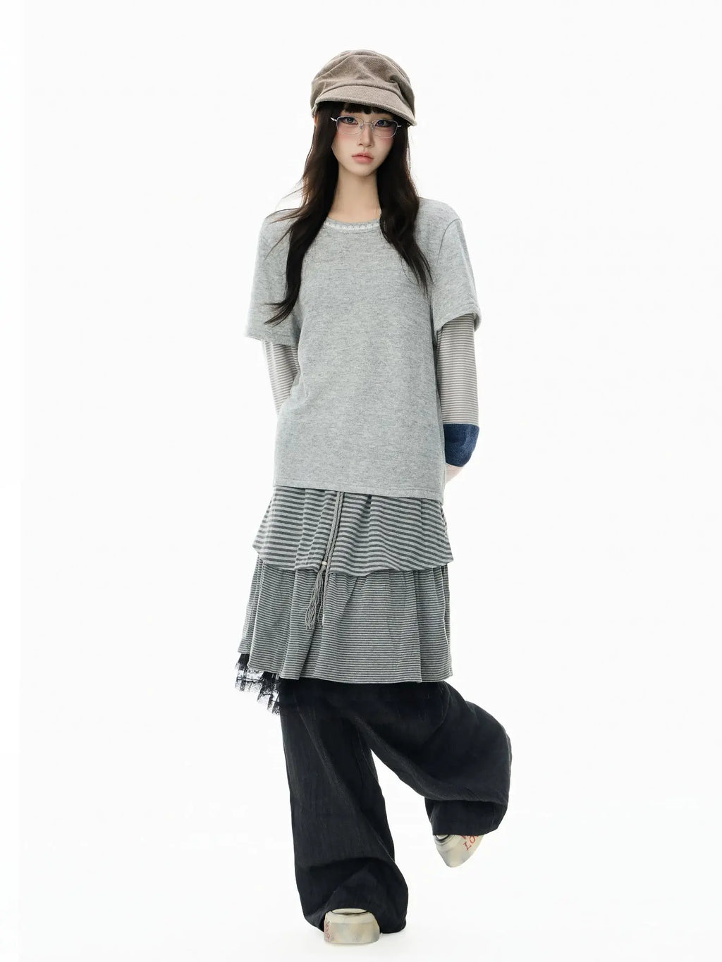 Grey Lace Patchwork Layered Long Sleeve Tee OL2405