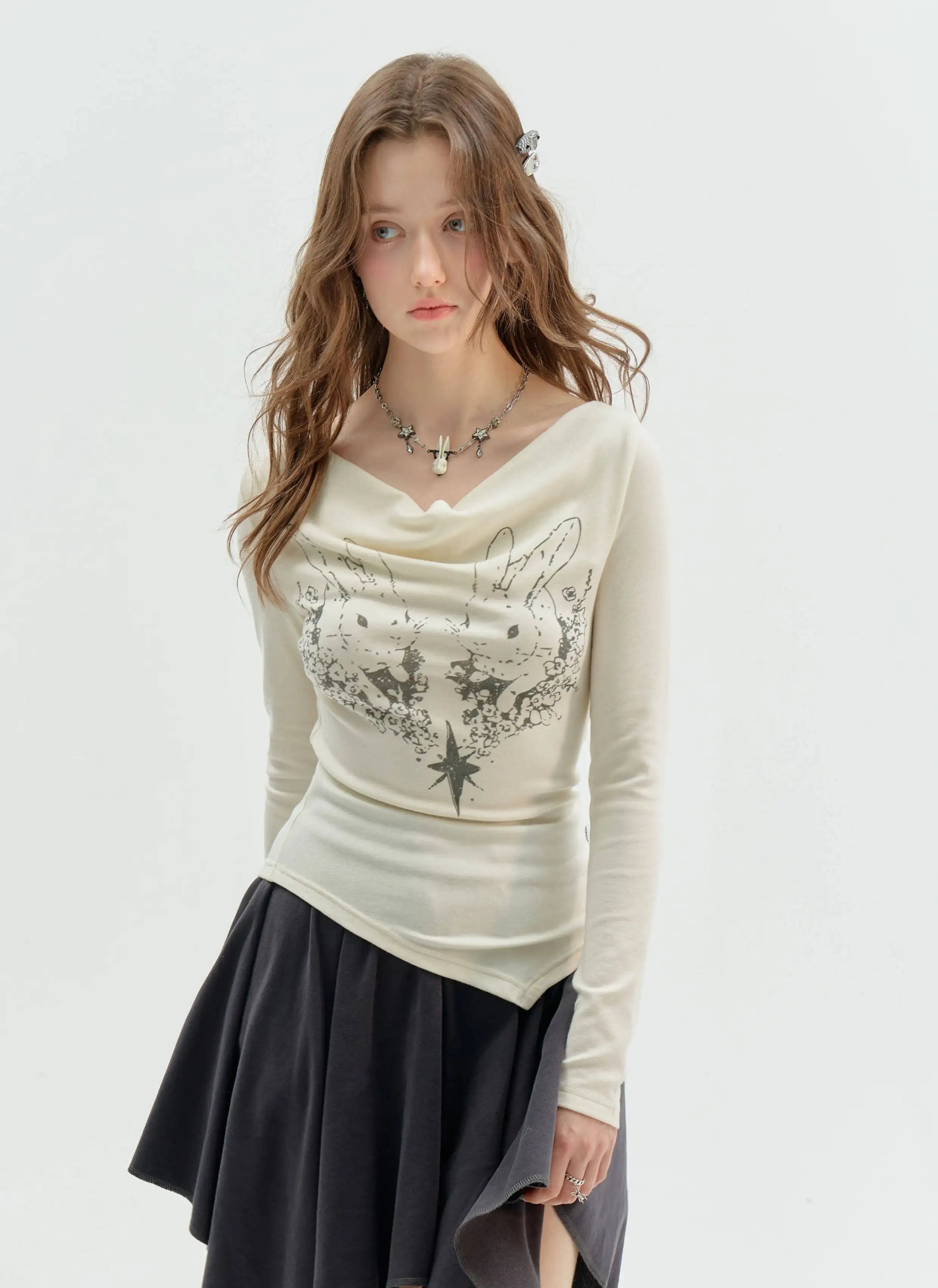 Rabbit Draped Neck Slim Fit Top OL2259