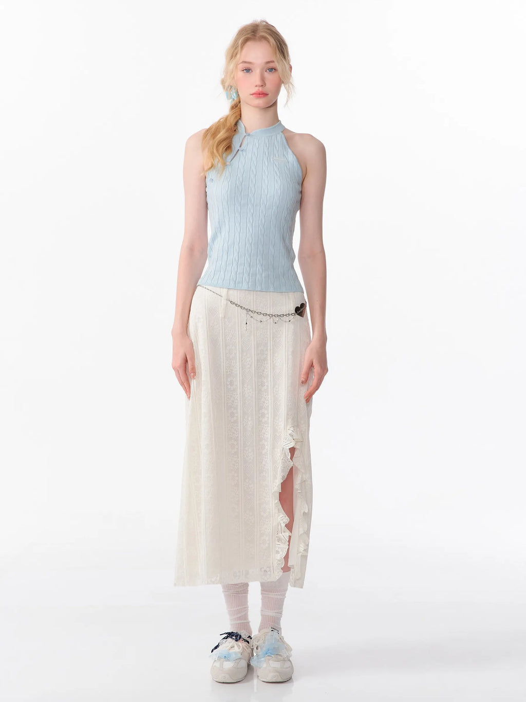 High Waist Lace Ruffle Slit Midi Skirt OL2254