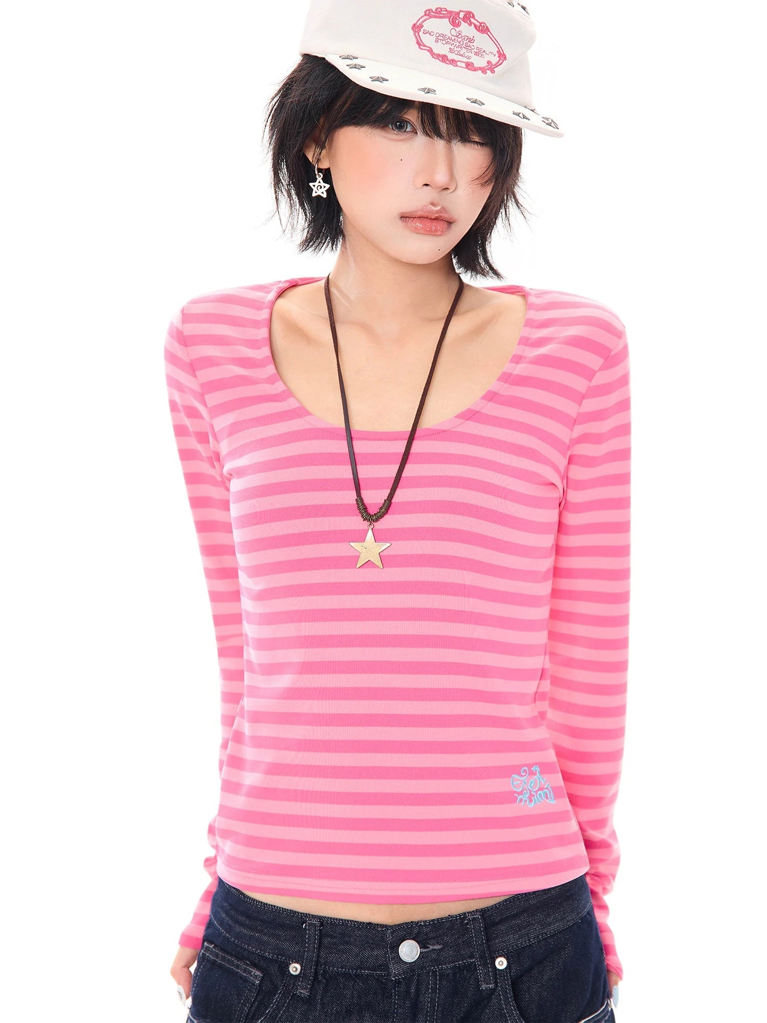 Pink Stripe U Neck Long Sleeve T Shirt OL2382