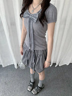 Plaid Bow Puff Sleeve Tee Y2K OL2329