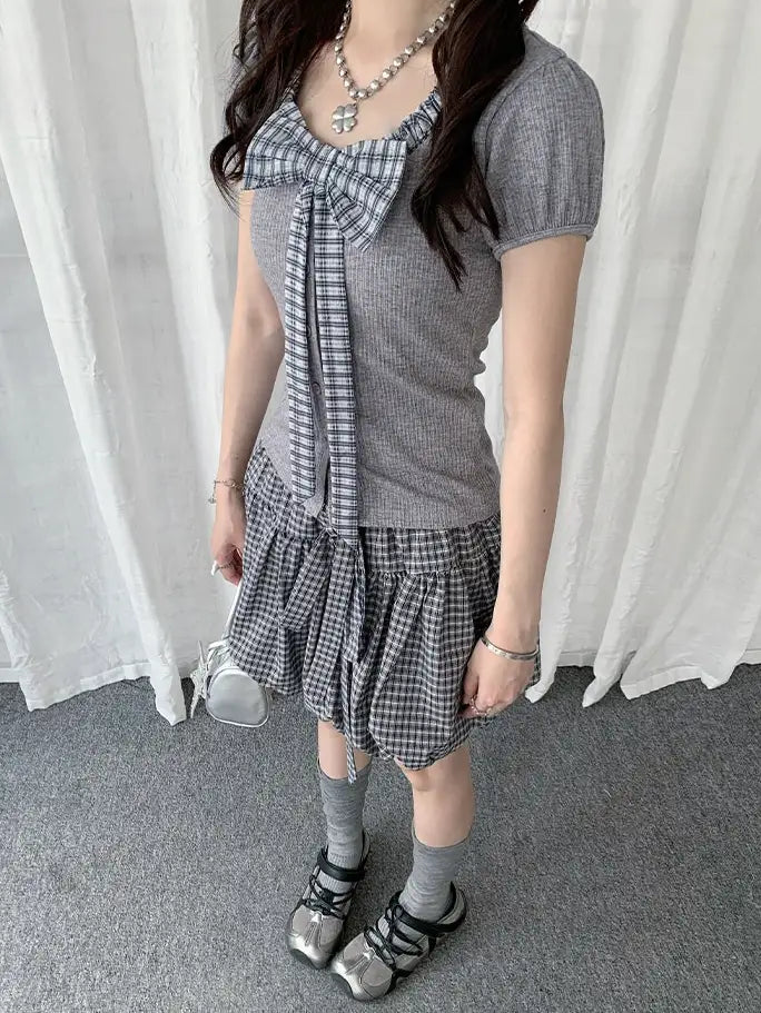 Plaid Bow Puff Sleeve Tee Y2K OL2329