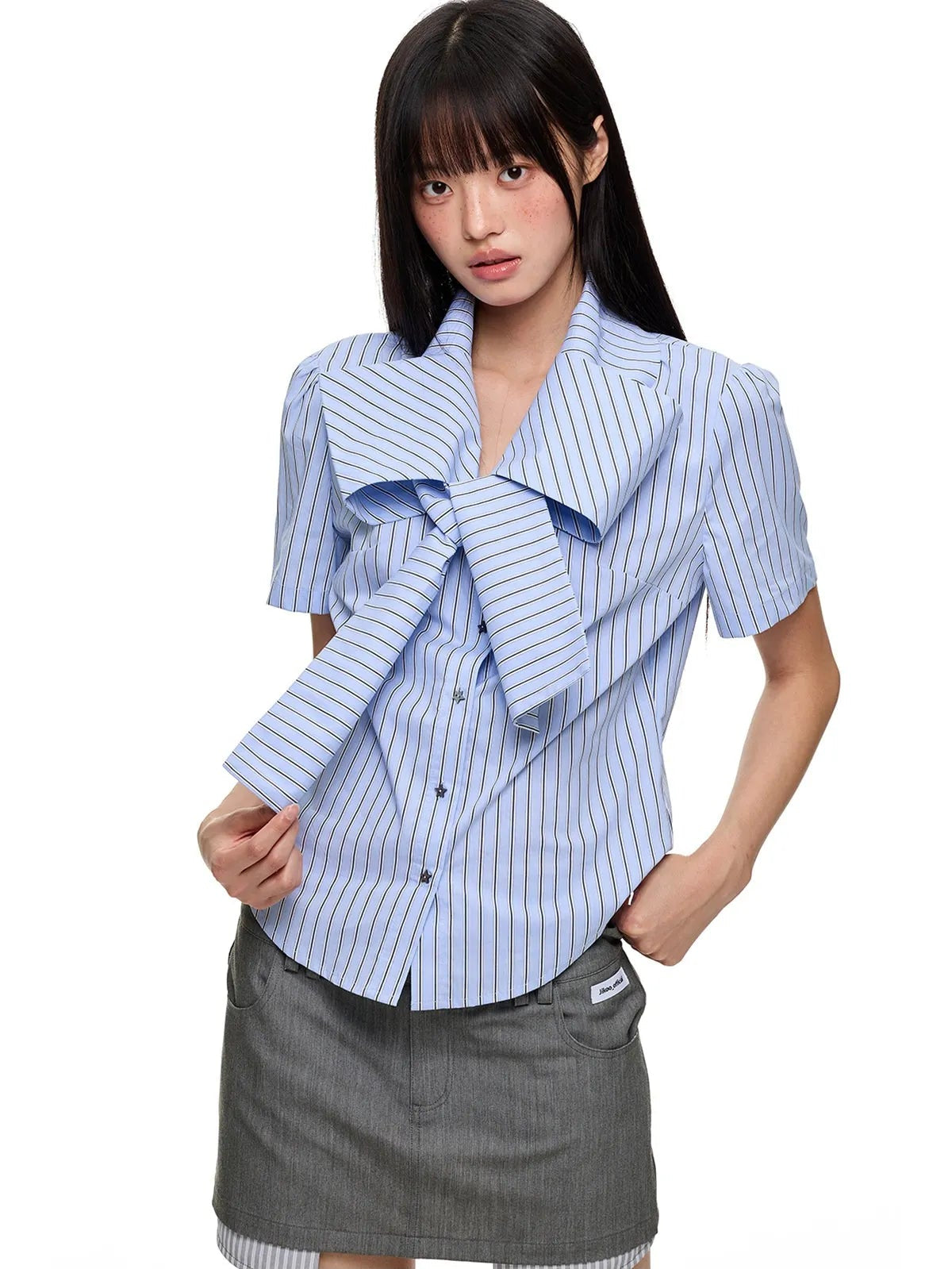Ribbon Detail Rhinestone Stripe Fitted Shirt OL2267