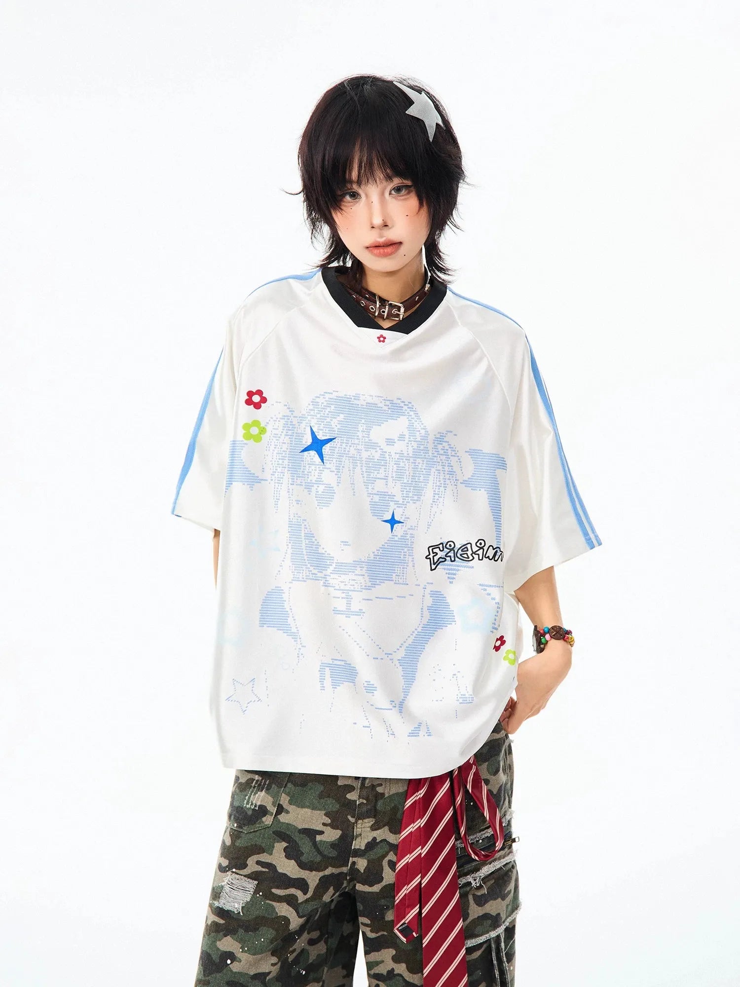 Vintage Cartoon Jersey V-Neck Oversized Short Sleeve Tee OL2273