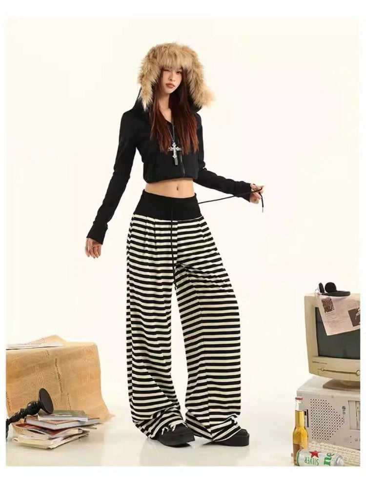 Striped High Waist Drawstring Wide Leg Lounge Pants   OL2228
