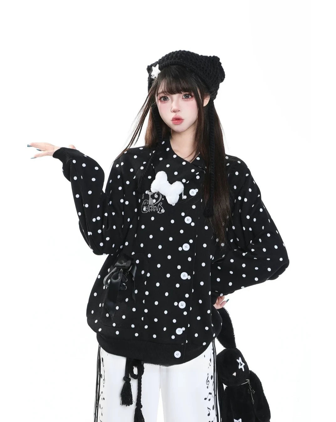 Polka Dot Bow Zip Up Hoodie oliviroa オリヴィオラ