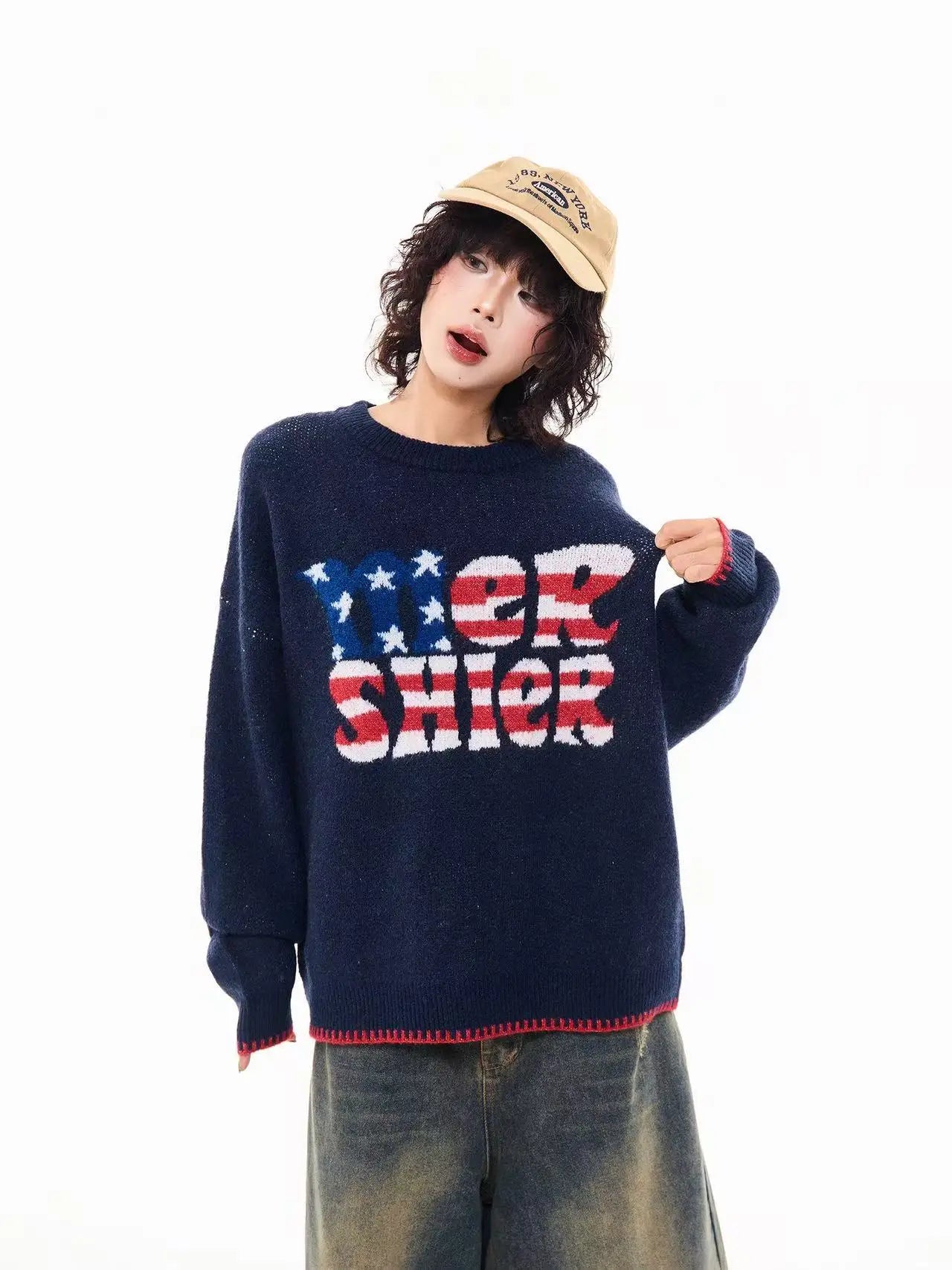 Vintage Letter Knit Relaxed Sweater   oliviora