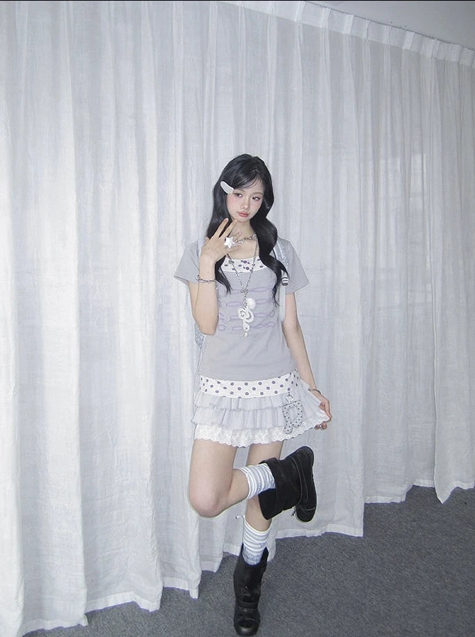 Polka Dot Faux Layered Button Tee Y2K OL2330