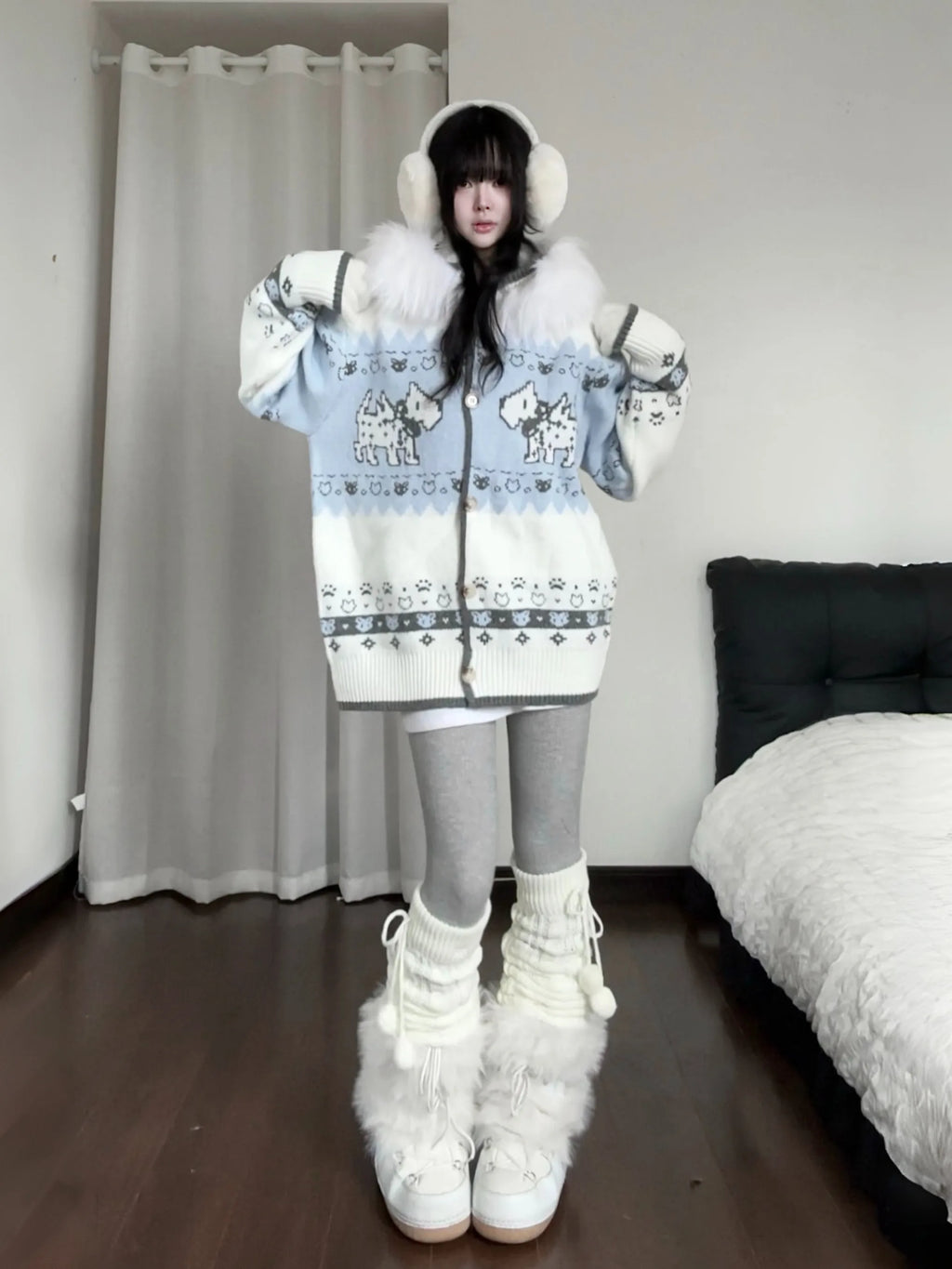Puppy Fur Trim Hooded Knit Cardigan OL2446
