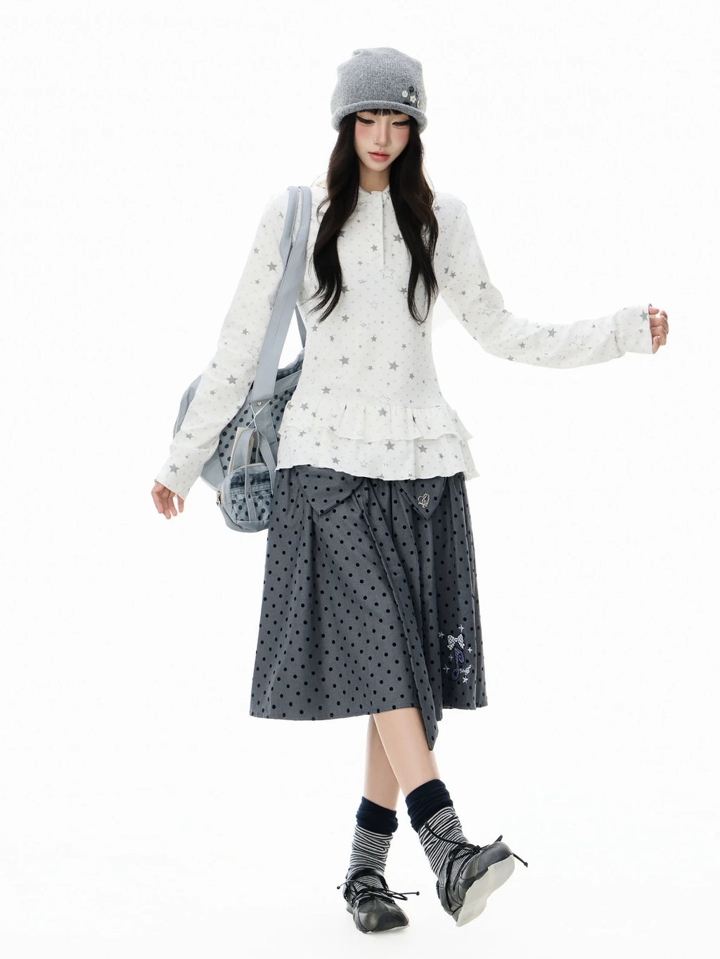 Polka Dot Star 러플 후드 긴팔 티셔츠 OL2406