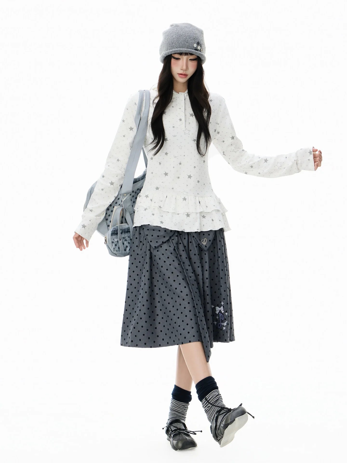 Polka Dot Star 러플 후드 긴팔 티셔츠 OL2406