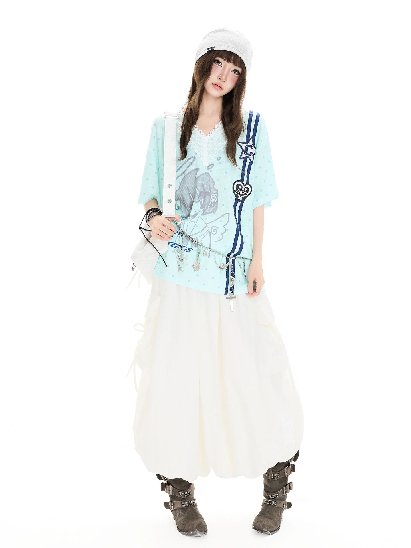 Polka Dot Lace V Neck T Shirt OL2366