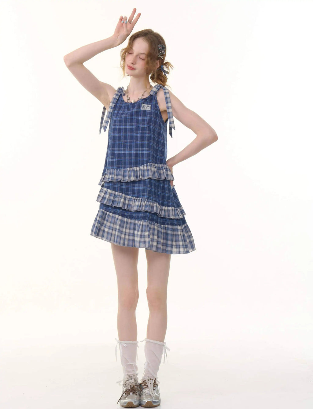 Asymmetrical Hem Blue Plaid Cami Dress OL2262