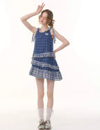 Asymmetrical Hem Blue Plaid Cami Dress OL2262