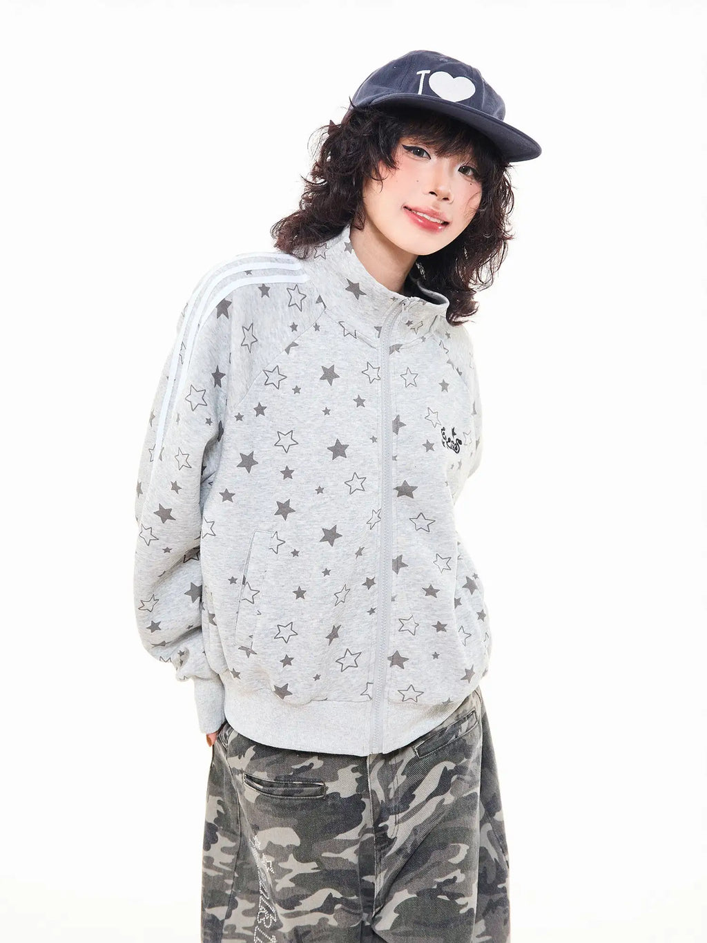 Star Print Oversized Stand Collar Zip Hoodie Cardigan OL2323