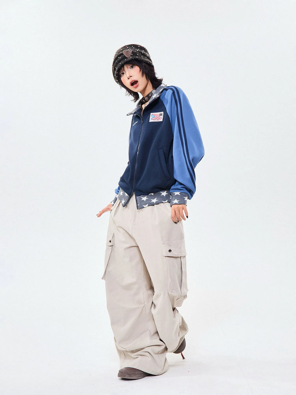 Retro Colorblock Stand Collar Zip Jacket   OL2026