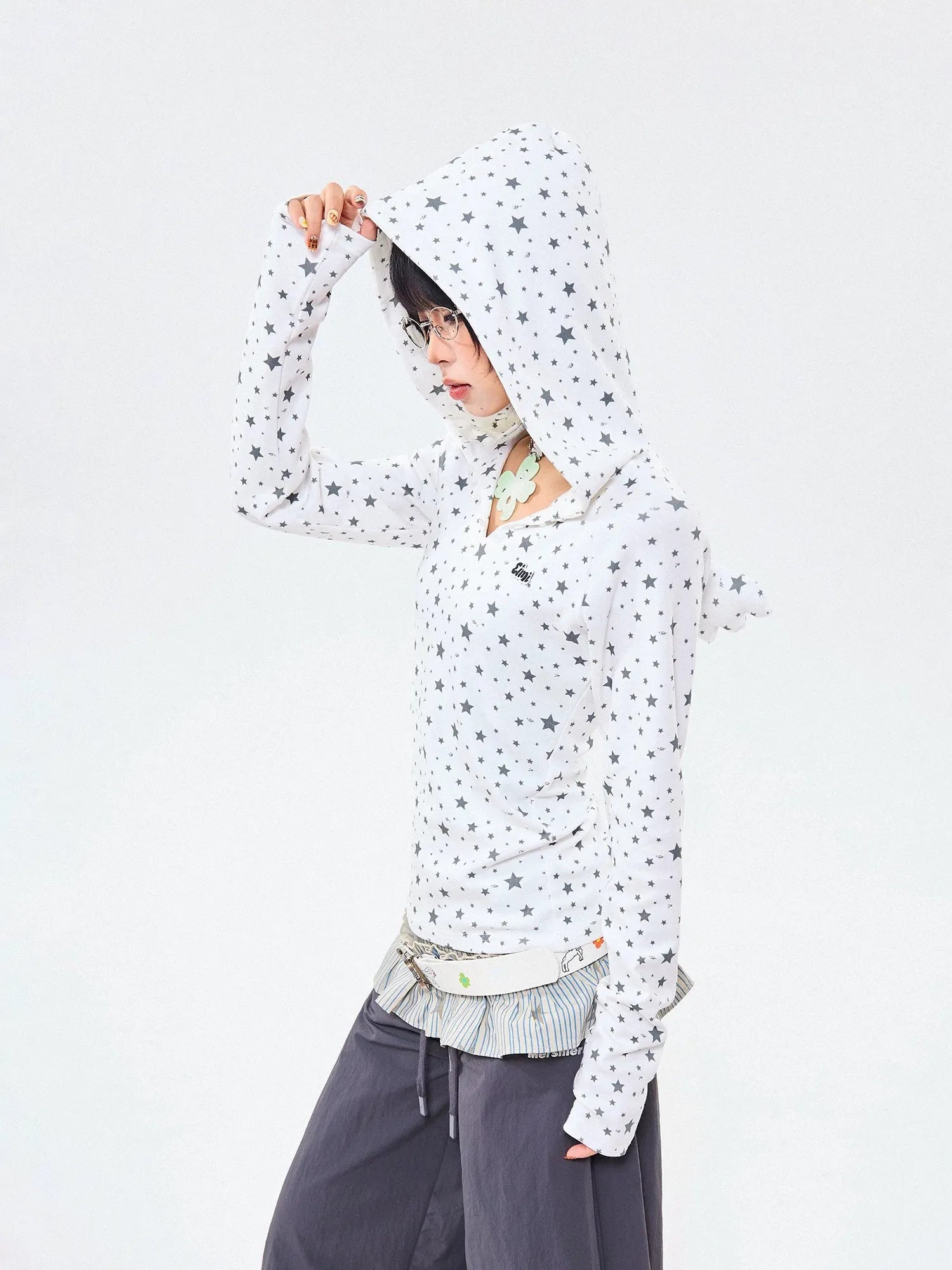 Star Wing Print Hooded Long Sleeve Fitted Top OL2272