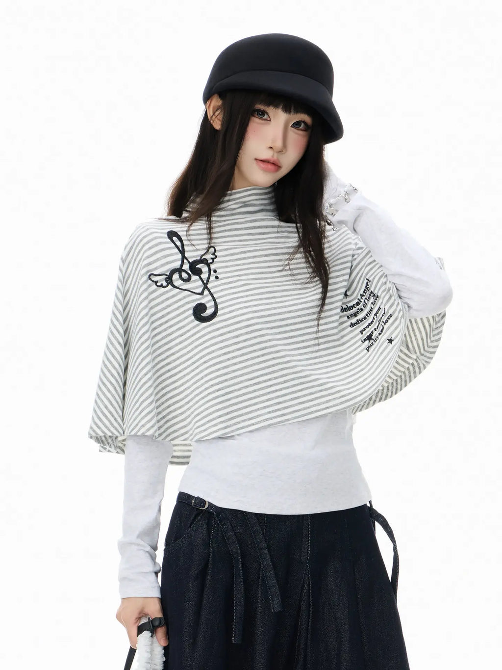 High Neck Cape Layered Long Sleeve Tee OL2416