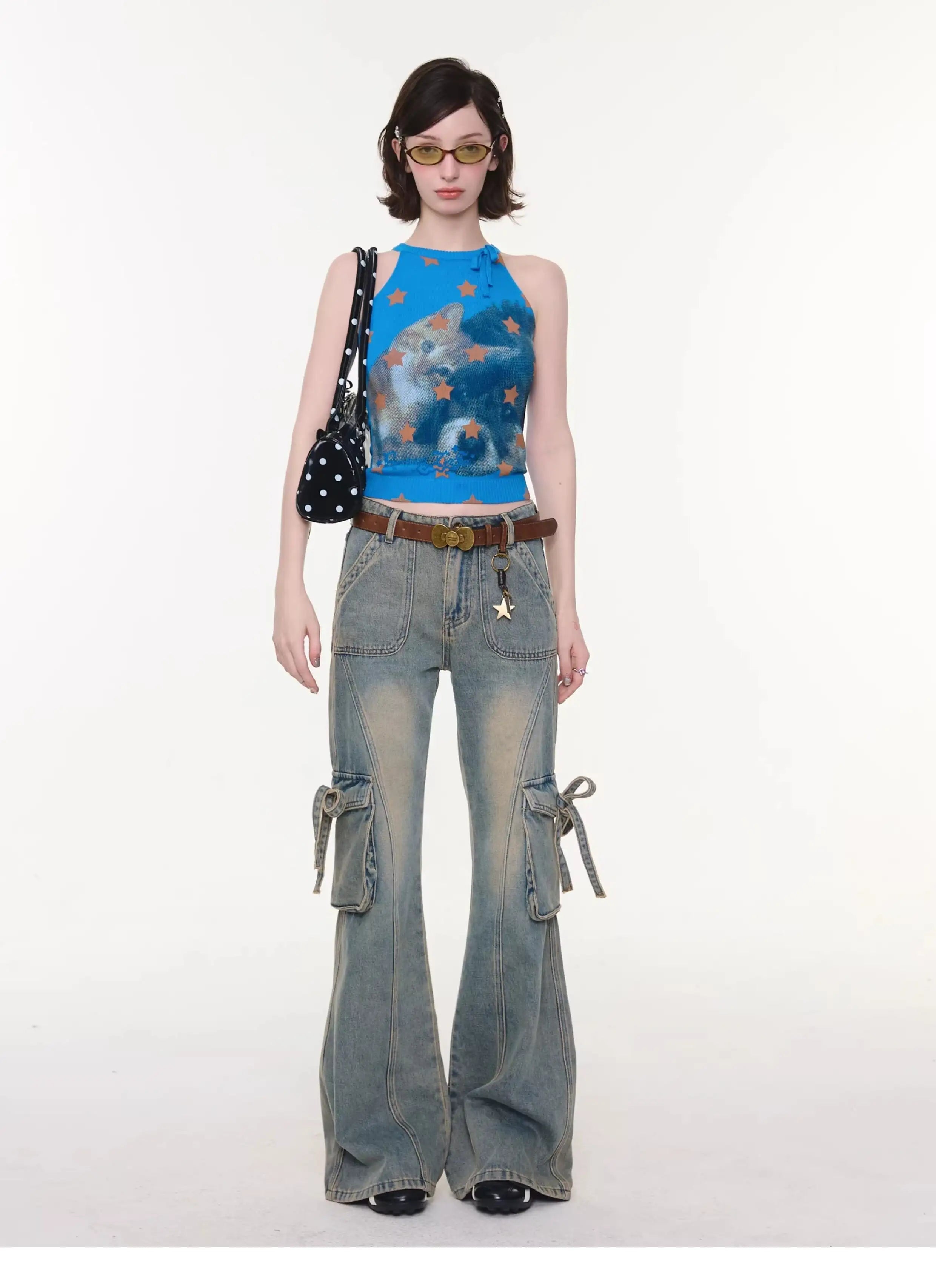 Bow Star Cat Graphic Slim Fit Tank Top OL2255