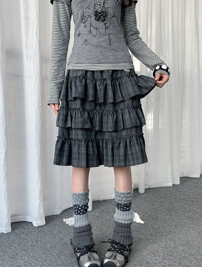 Retro Plaid Layered Ruffle Cake Mini Skirt Y2K OL2333