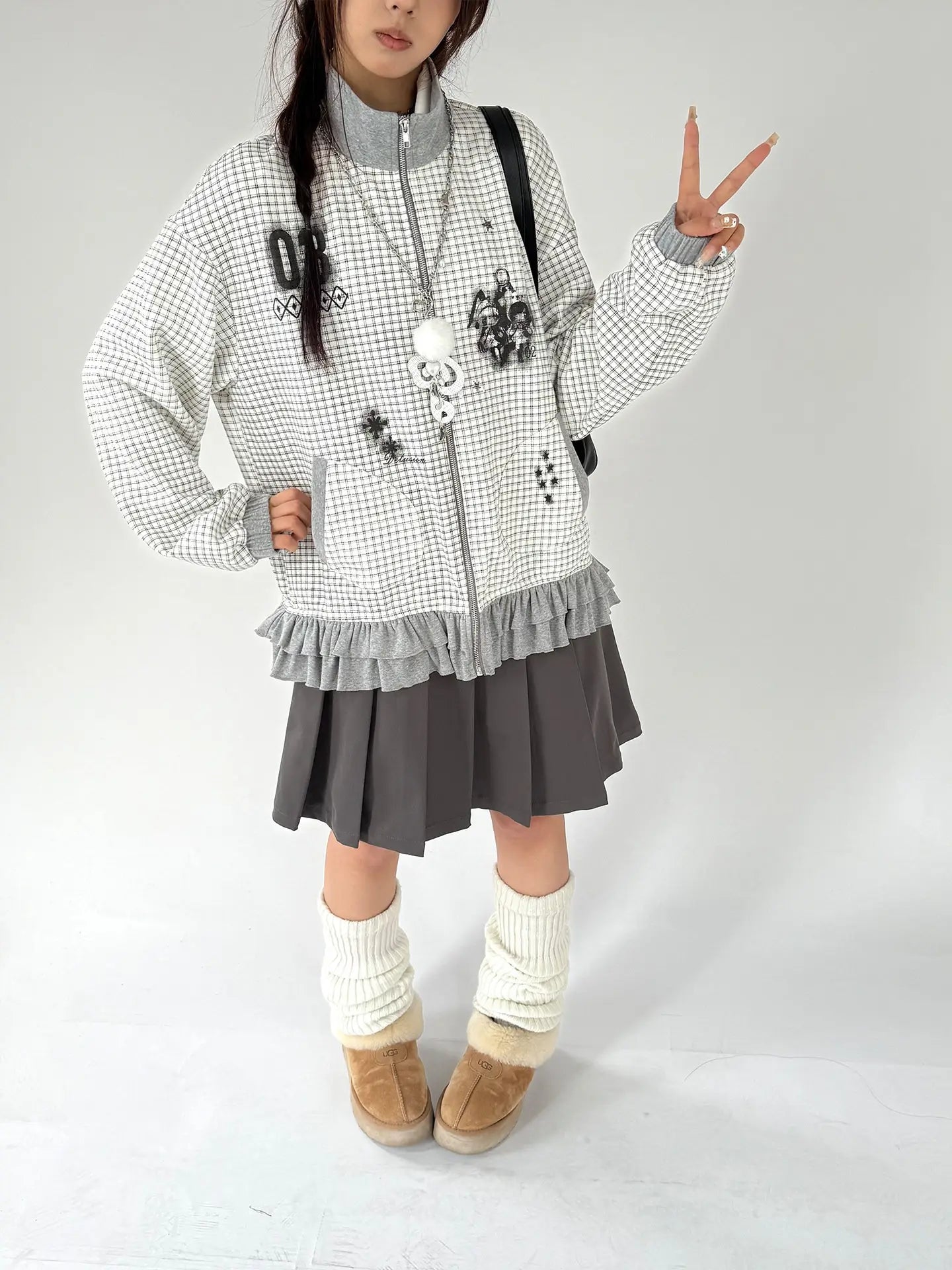 Graphic Plaid Ruffle Jacket OL2383