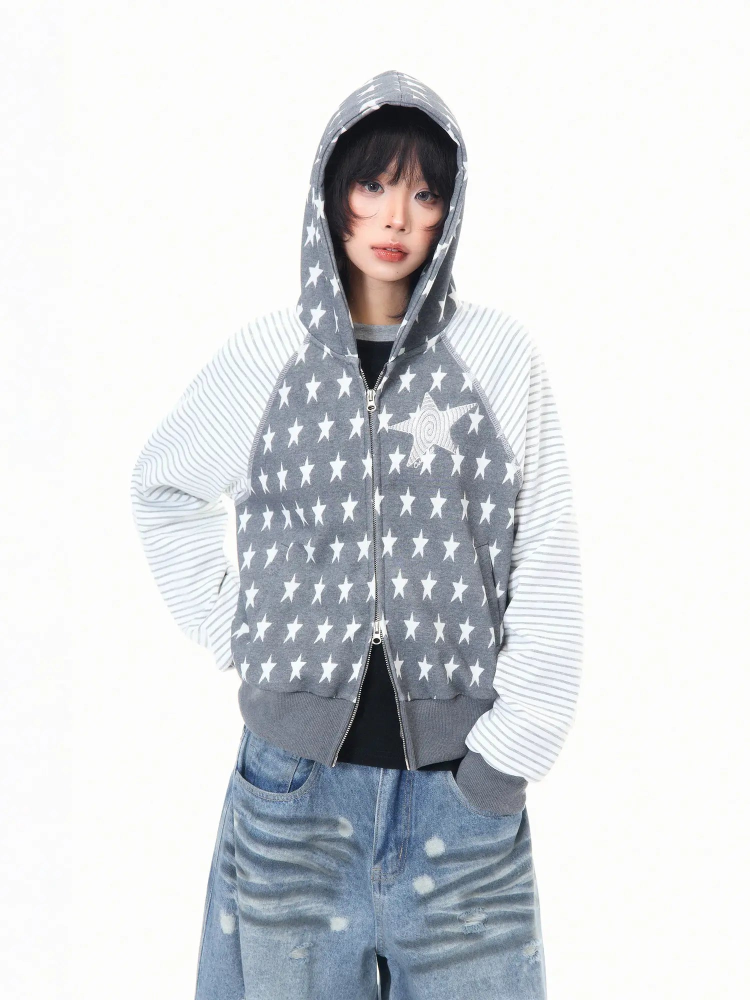 Star Embroidered Stripe Cropped Hoodie OL2384