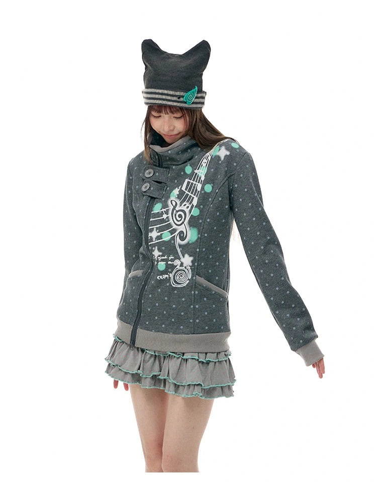 Music Note Polka Dot Stand Collar Zip Jacket OL2476