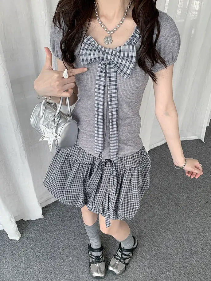 Plaid Bow Puff Sleeve Tee Y2K OL2329