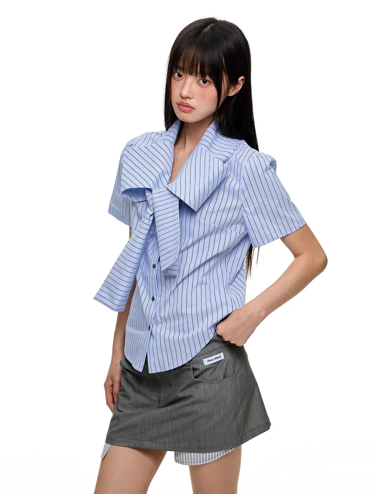 Ribbon Detail Rhinestone Stripe Fitted Shirt OL2267