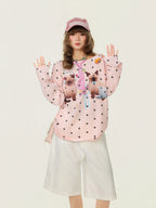 Cat Star Print Off Shoulder Long Sleeve Top oliviroa オリヴィオラ