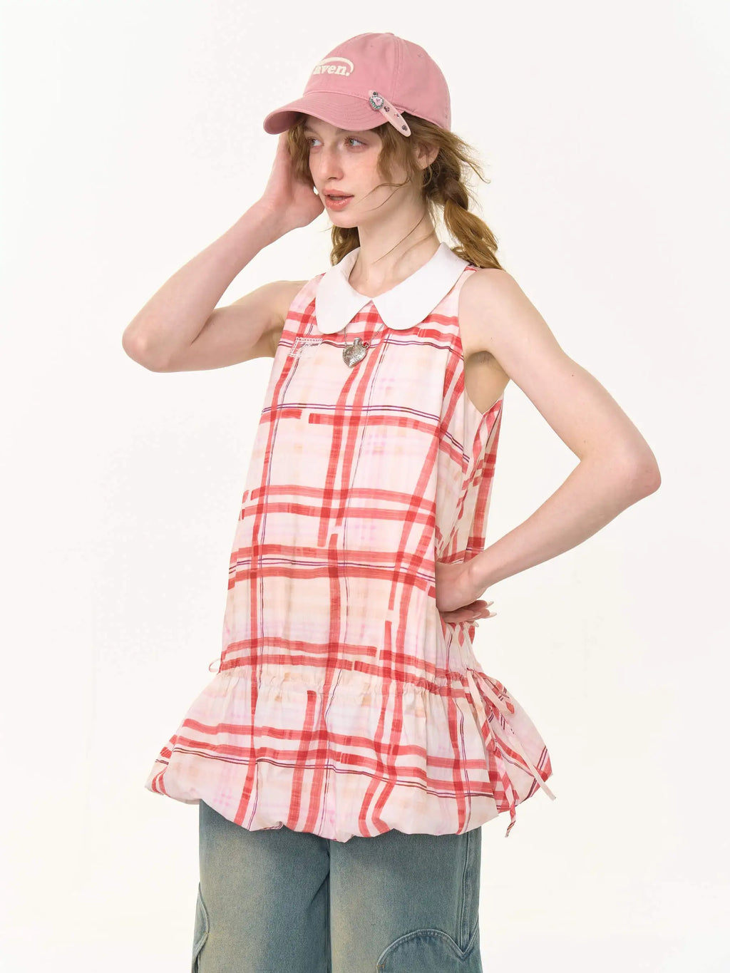 Red Plaid Doll Collar Sleeveless Dress OL2257