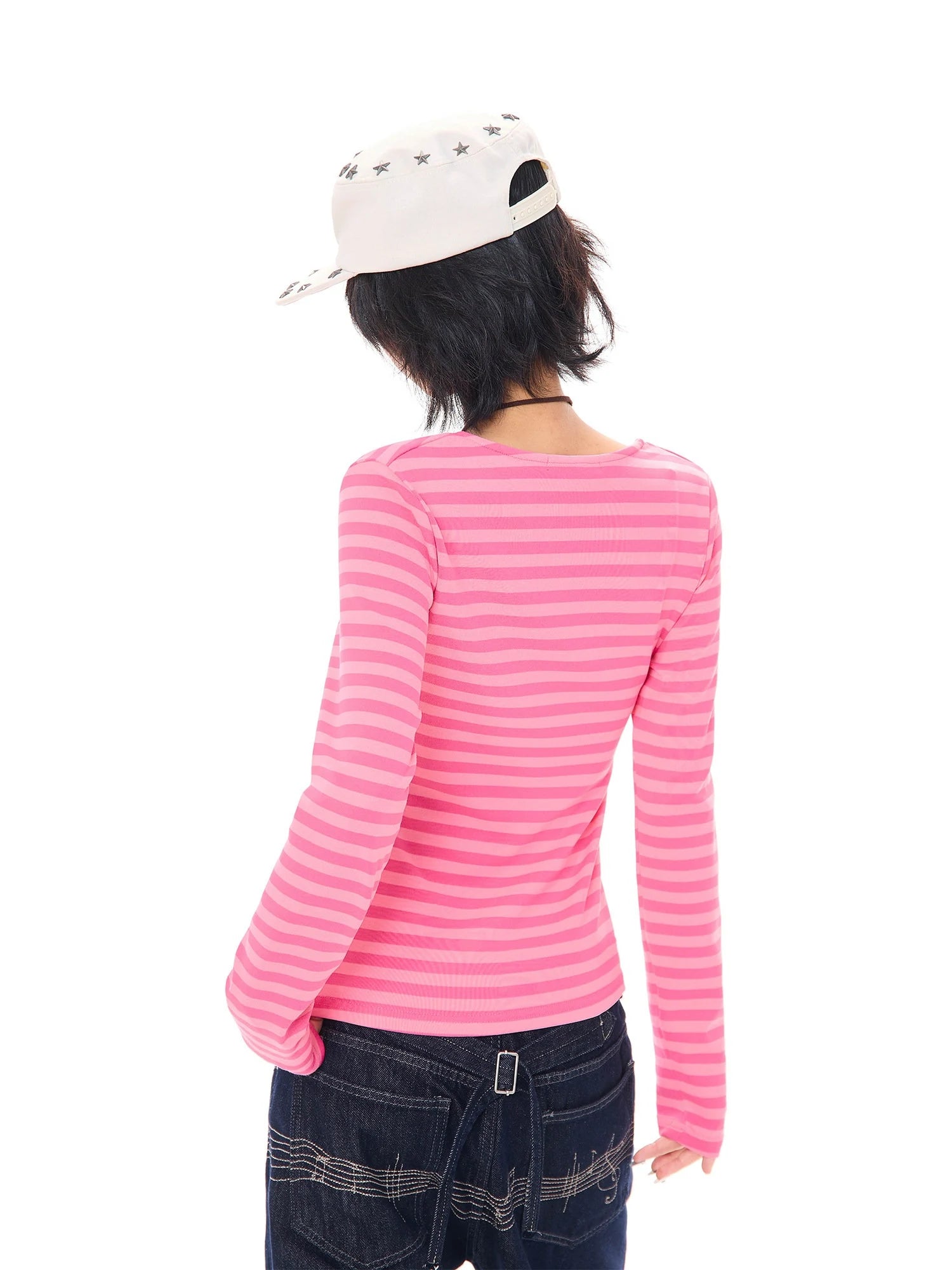 Pink Stripe U Neck Long Sleeve T Shirt OL2382