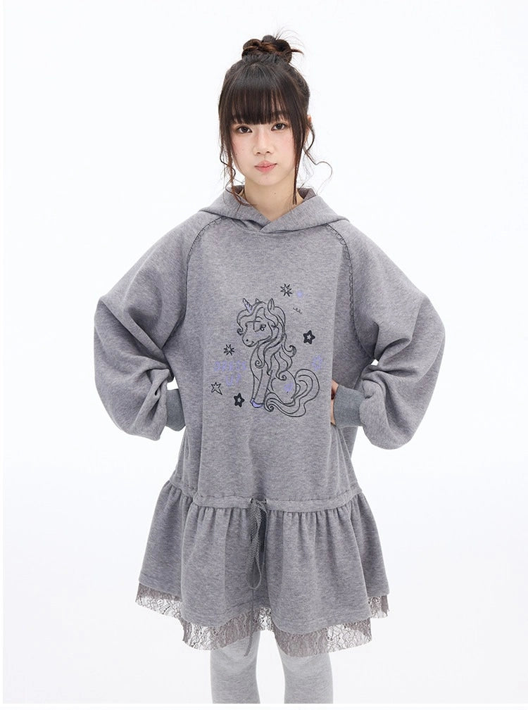 Pony Graphic Long Hooded Sweatshirt Dress OL2398
