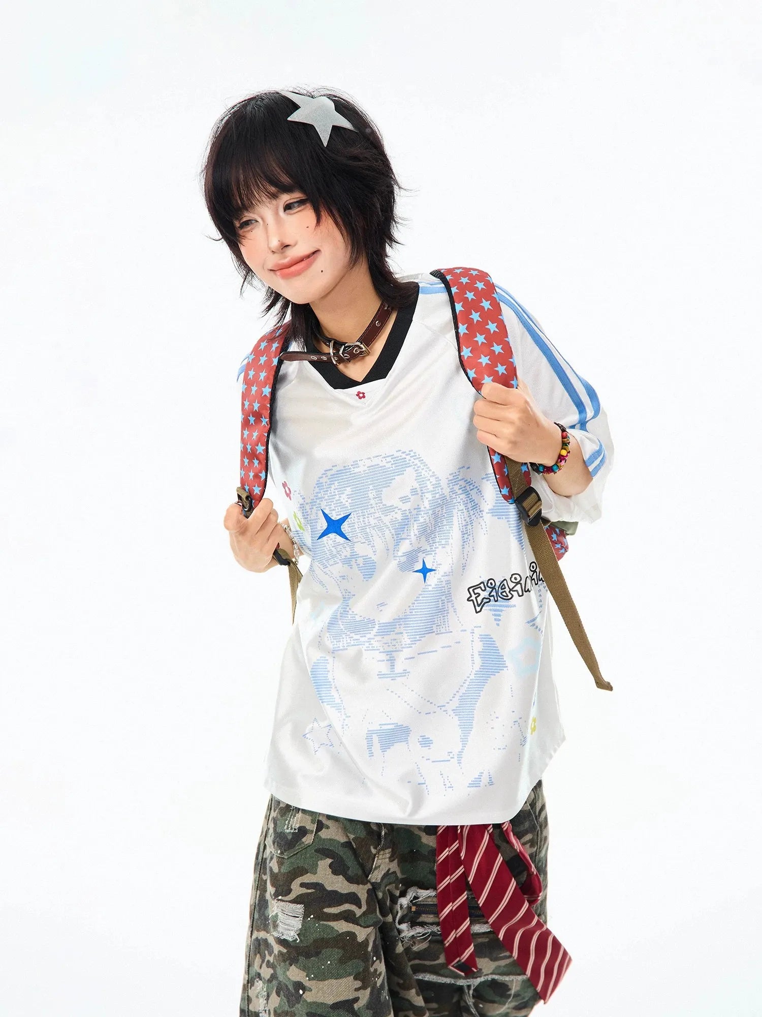 Vintage Cartoon Jersey V-Neck Oversized Short Sleeve Tee OL2273