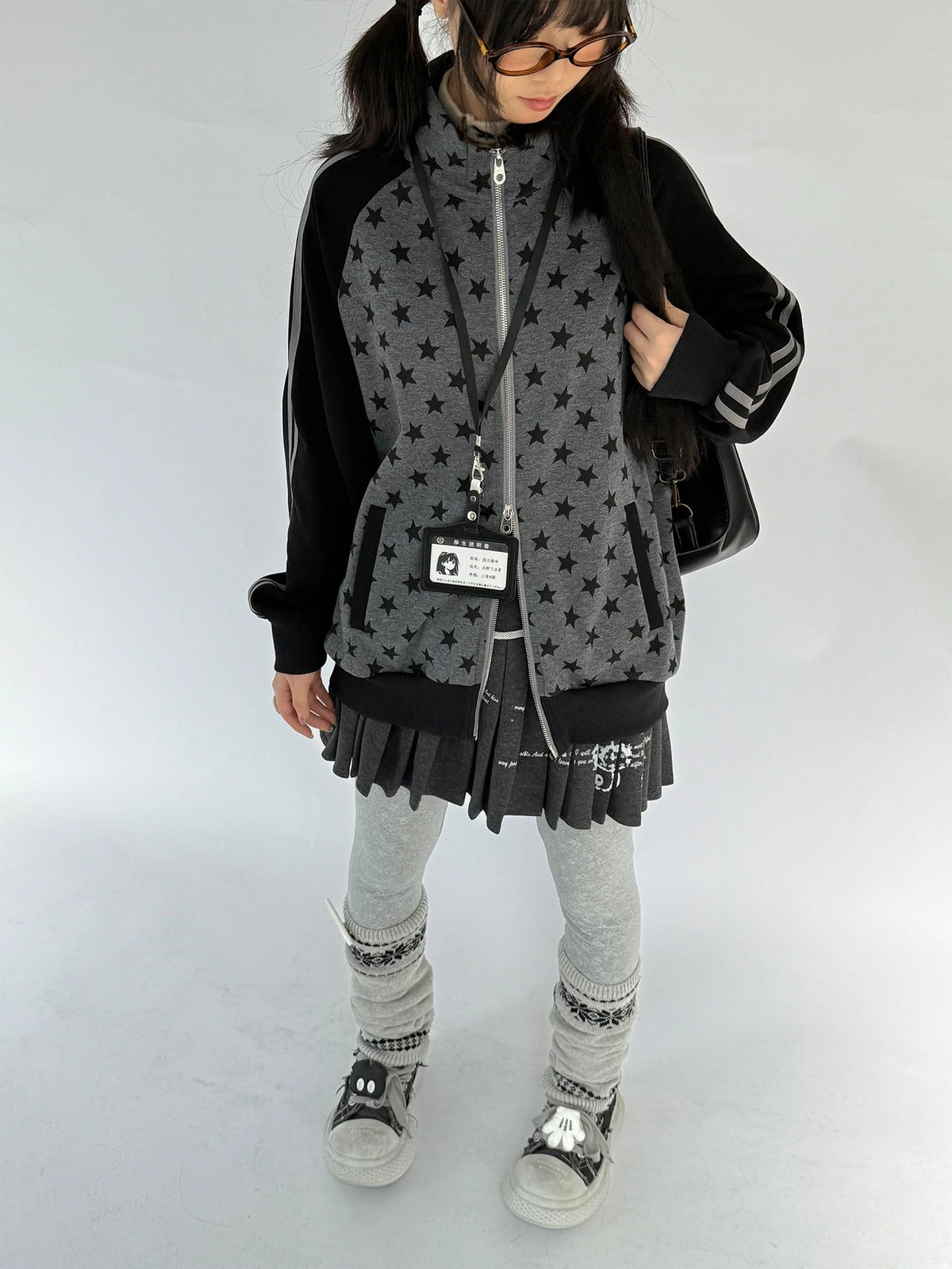 Star Print Stand Collar Double Zip Jacket OL2482