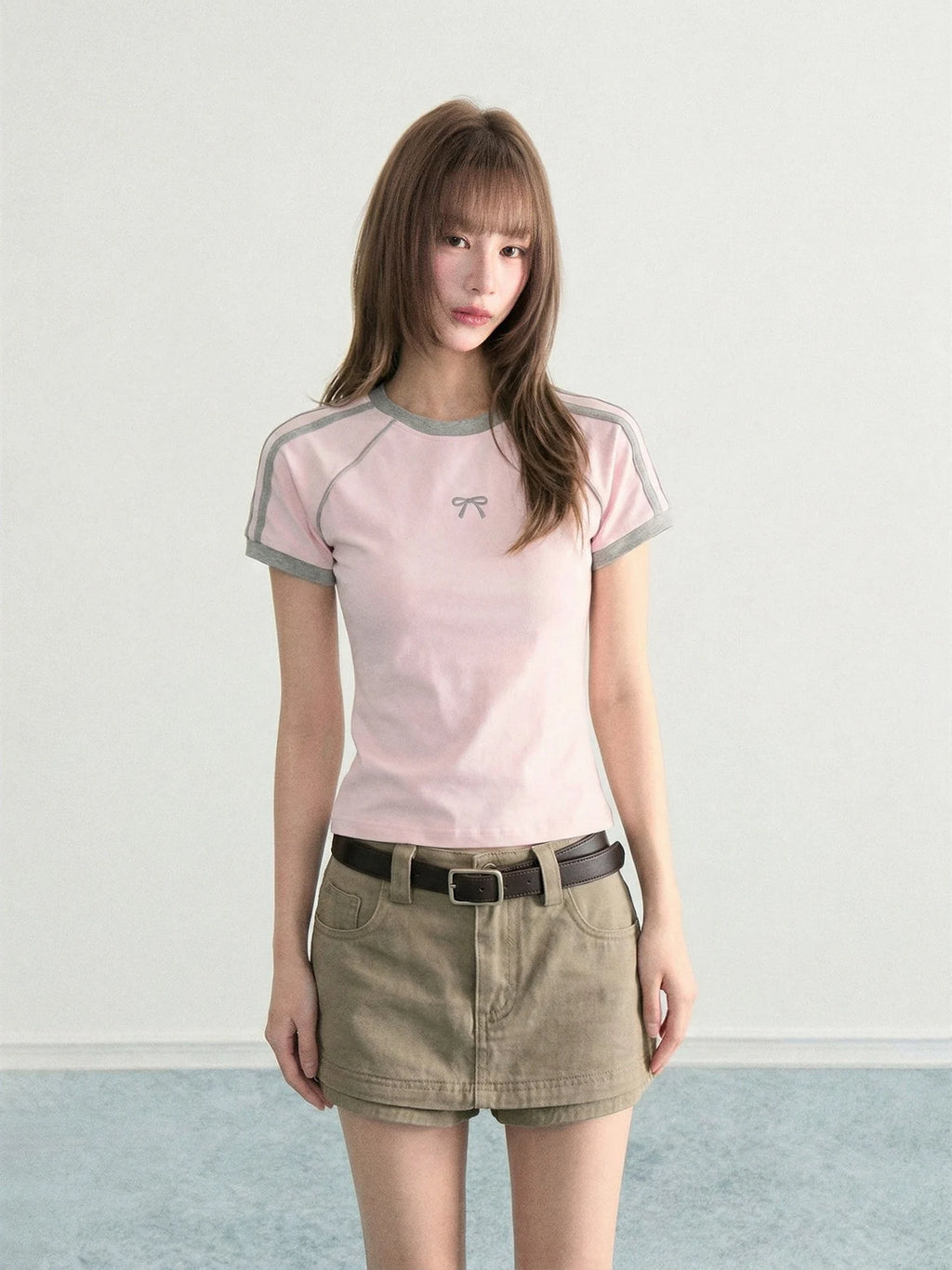 Blue Bow Stripe Raglan Cropped Fitted Sporty Tee OL2314