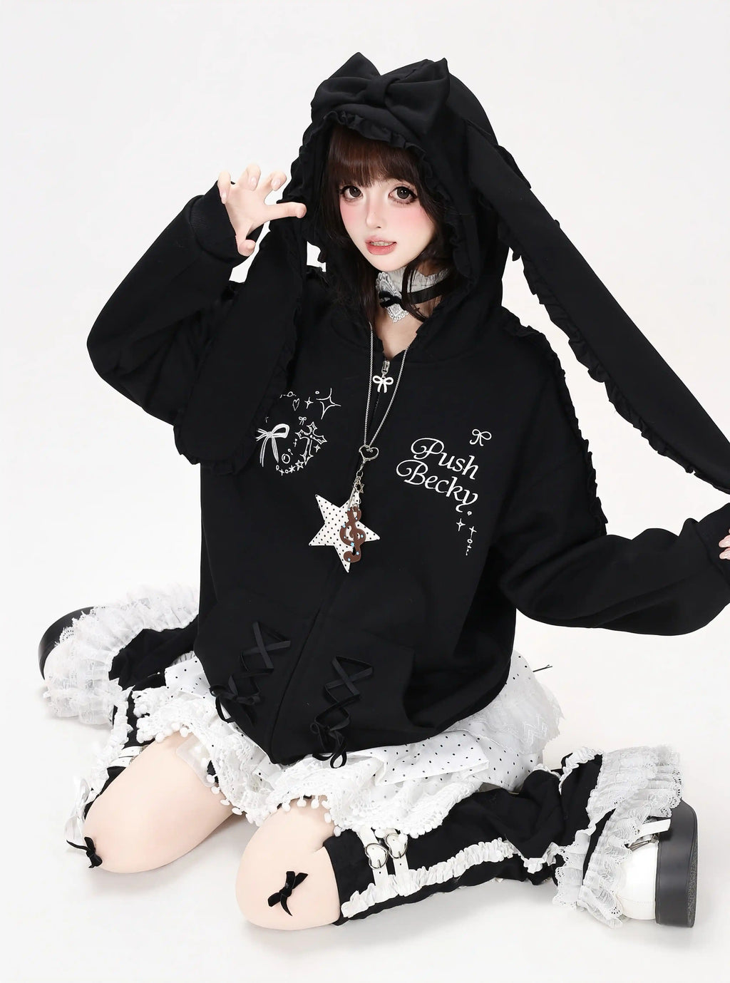 Lace Bunny Ear Bow Hooded Jacket OL2396