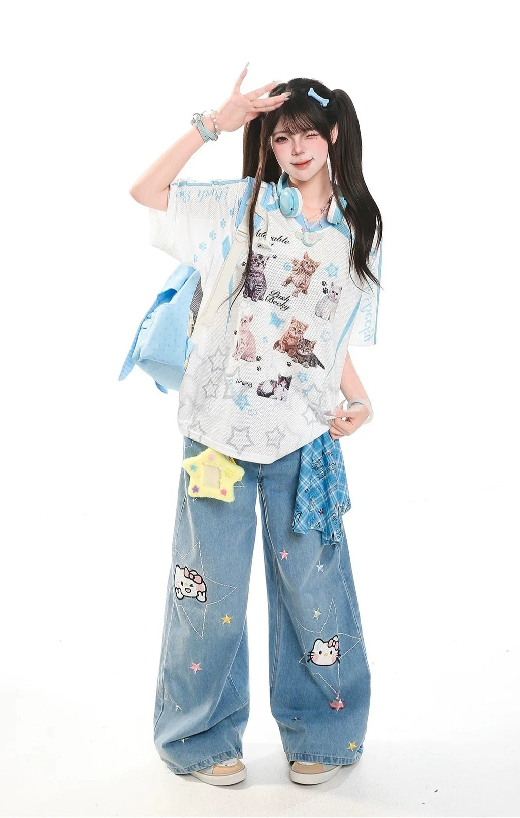 Cat Graphic V Neck T Shirt OL2367